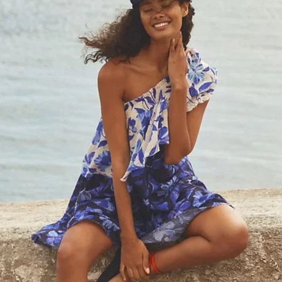 By Anthropologie Easy One-Shoulder Dress Cotton Gauze, Boho, Beach, Blue,M - Picture 3 of 11